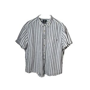 Dockers Shirt Mens 2XL Gray White Striped Short Sleeve Linen Cotton Button Up‎